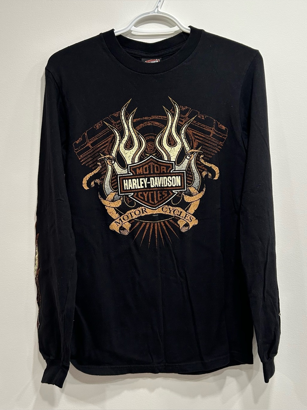 Harley-Davidson Black Long Sleeve Tee with Gold Flame Crest